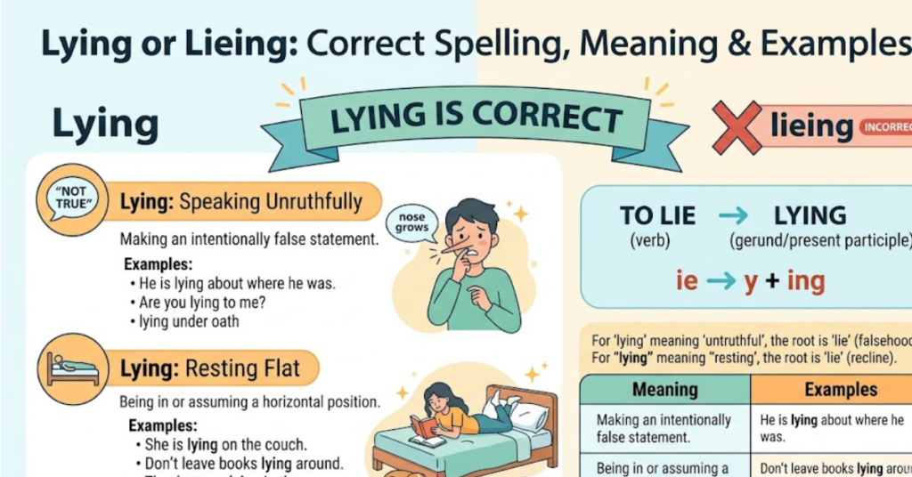Lying or Lieing: Correct Spelling, Meaning & Examples